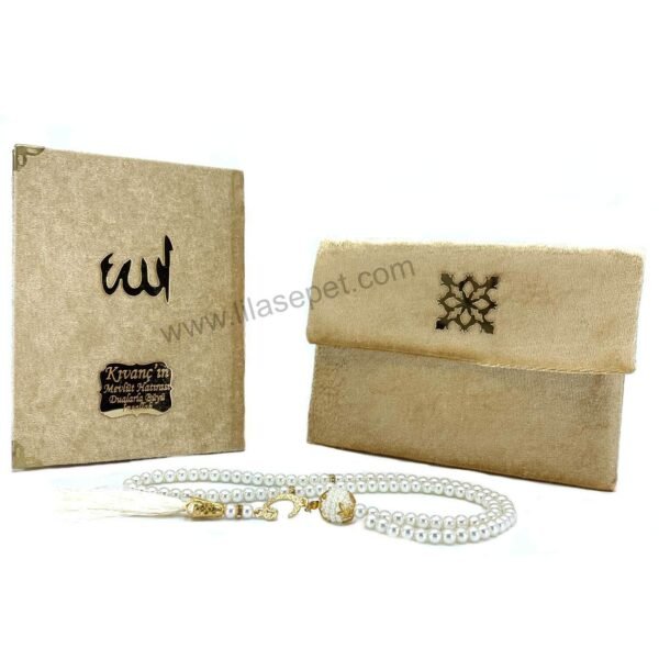 3'lü Premium Kadife Mevlüt Seti - Hediyelik Kadife Yasin Kitabı (12cm x 16cm) - Kadife Kese - Cam İnci Tesbih